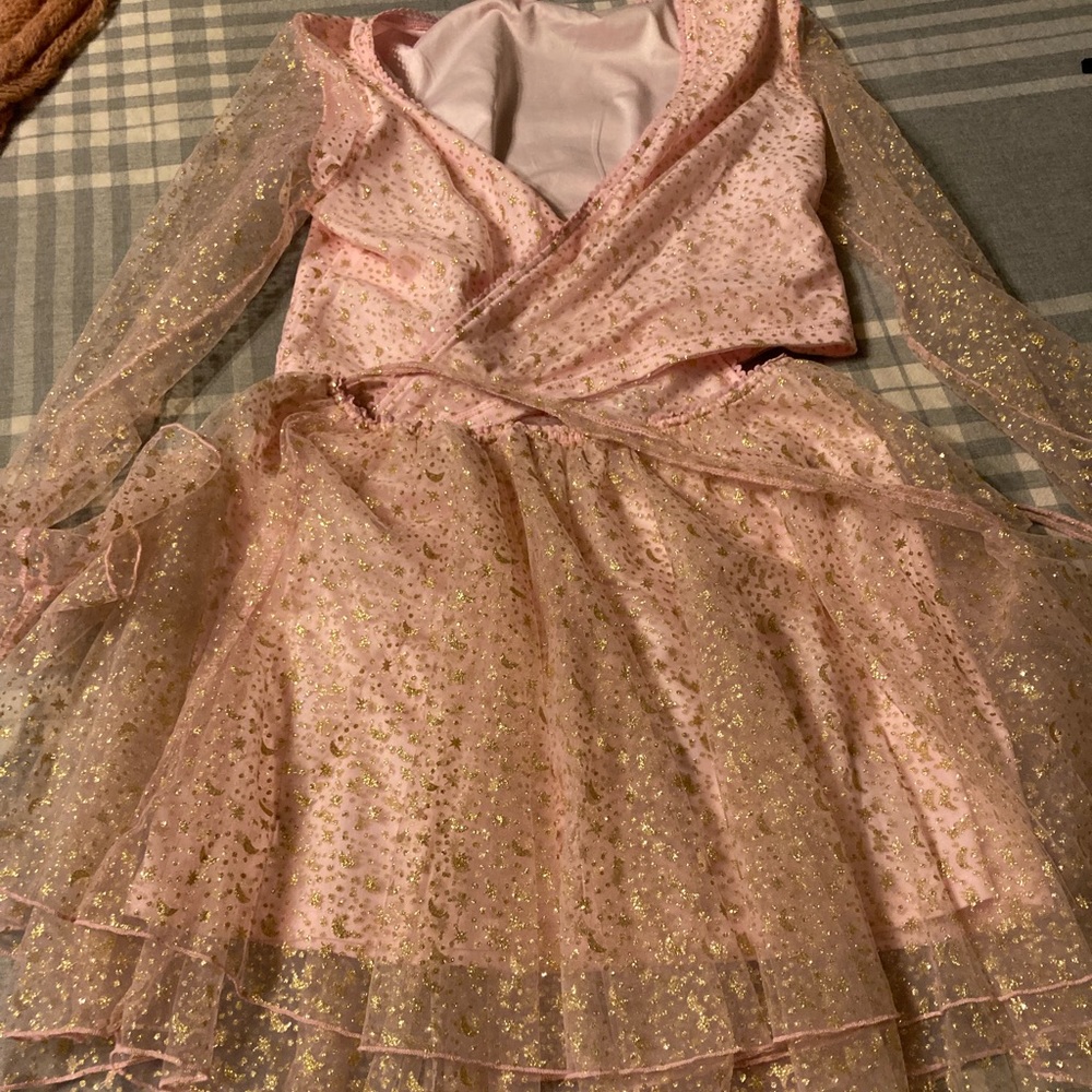 Dolls Kill- Sugar Thrillz- pink and gold glitter star and moon skirt crop top L